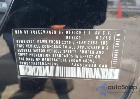 2015 Volkswagen Jetta 1.8T Sport из США, поврежденный, VIN 3VWD17AJ1FM320235